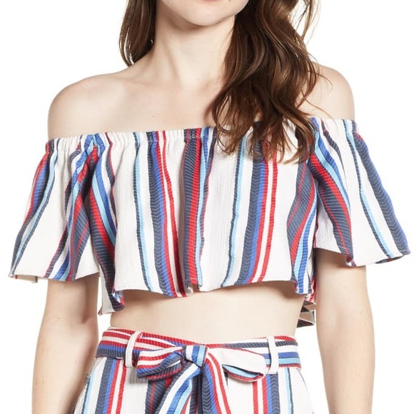 Lost + wander Azul Stripe Off Shoulder Crop Top - Picture 2 of 9